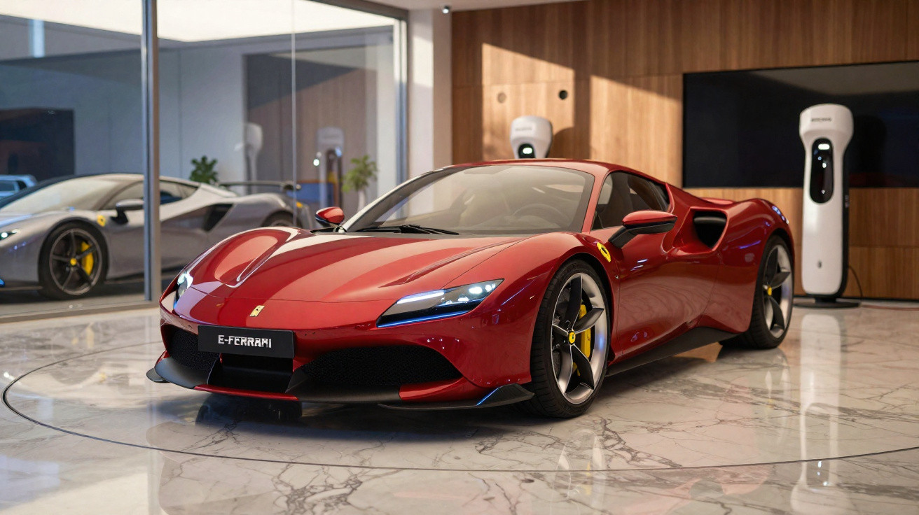 Carro esportivo vermelho Ferrari elétrico exposto em showroom moderno com piso de mármore.