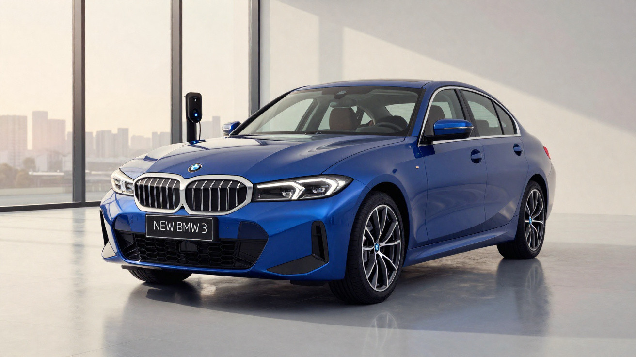 Carro sedã esportivo BMW 3 azul estacionado em ambiente interno com carregador elétrico ao fundo.