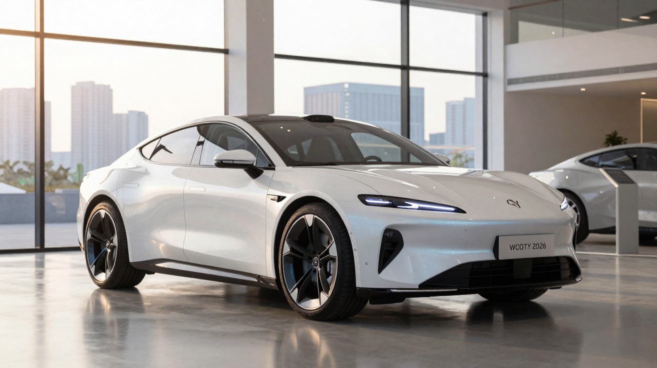 Carro elétrico branco moderno exibido em showroom com grandes janelas e cidade ao fundo.