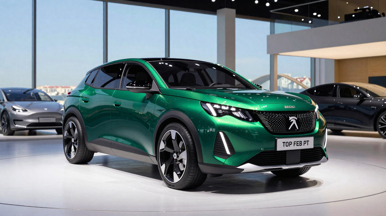 Carro SUV elétrico verde escuro exibido em showroom moderno com outros veículos ao fundo.