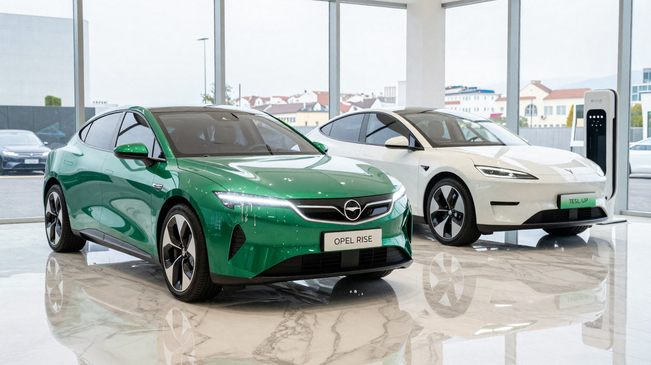 Dois carros elétricos futuristas, um verde Opel Rise e um branco Tesla Model Y, em showroom iluminado.