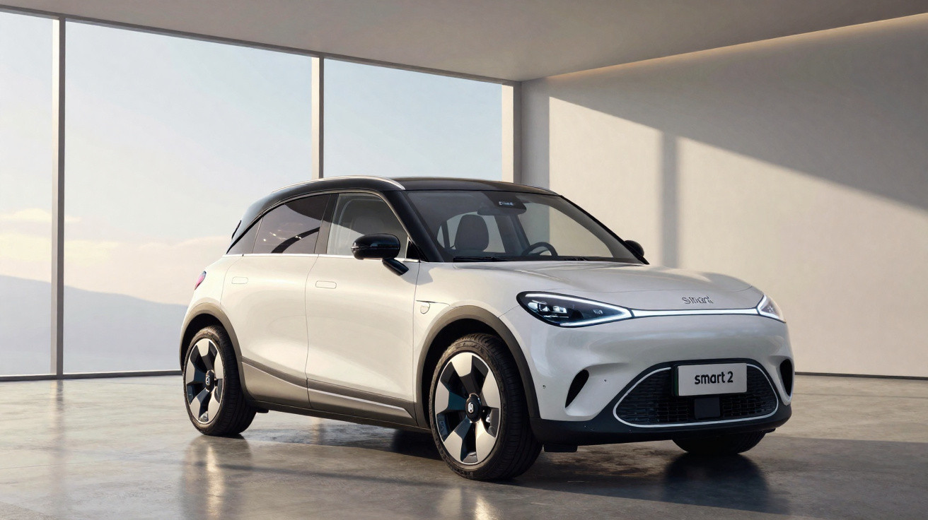 Carro elétrico Smart 2 branco e preto em ambiente interno com grandes janelas e luz natural.