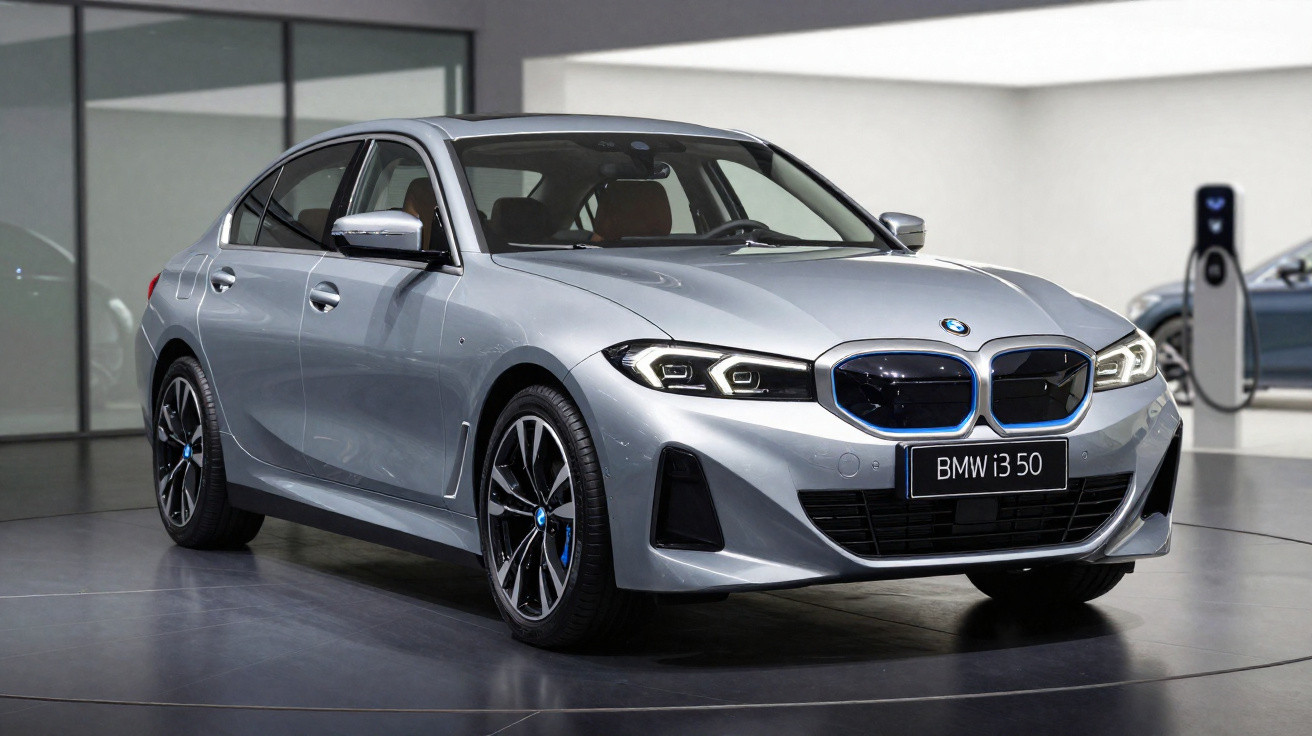 Carro BMW i3 50 prata estacionado em área interna, com estação de recarga elétrica ao fundo.