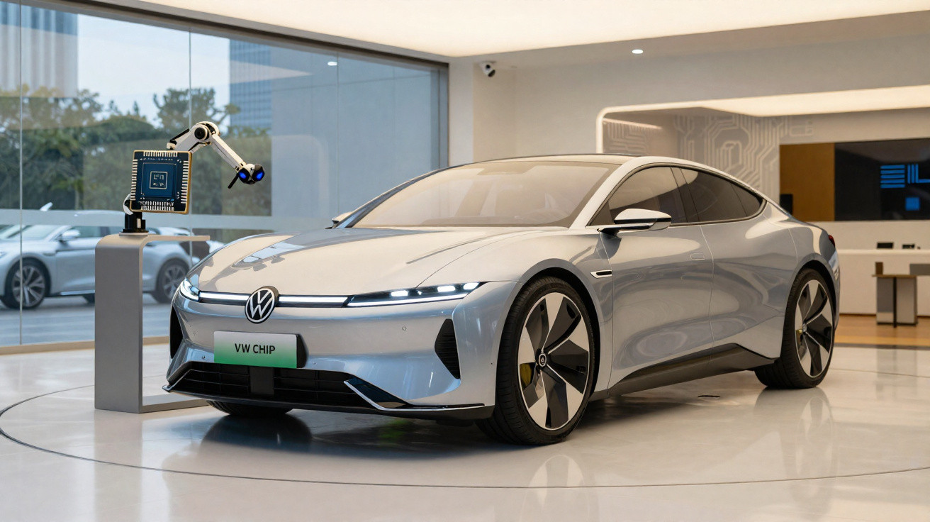 Carro elétrico prata VW Chip em exposição interna com robô e chip eletrônico ao lado.