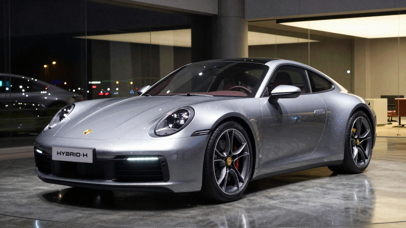 Carro esportivo Porsche prata modelo híbrido estacionado em showroom iluminado à noite.
