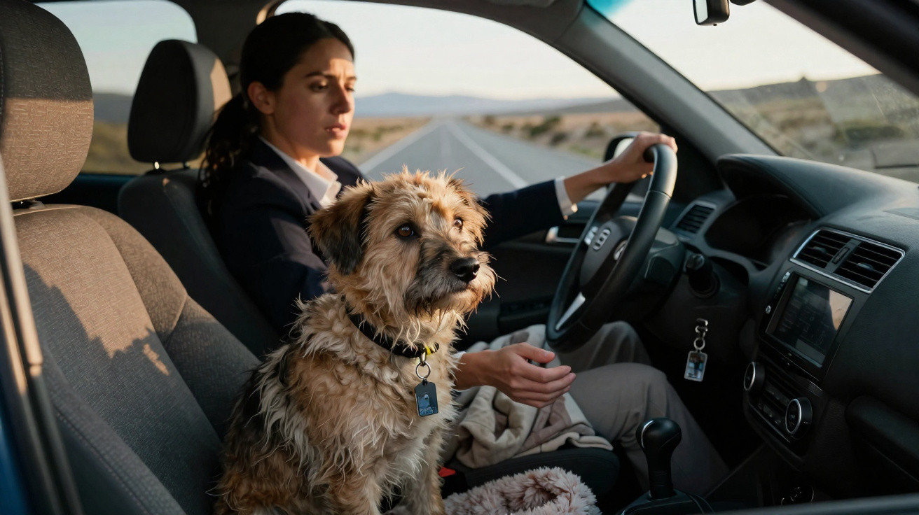 Mulher dirigindo com cachorro sentado no banco do passageiro em estrada deserta ao entardecer.