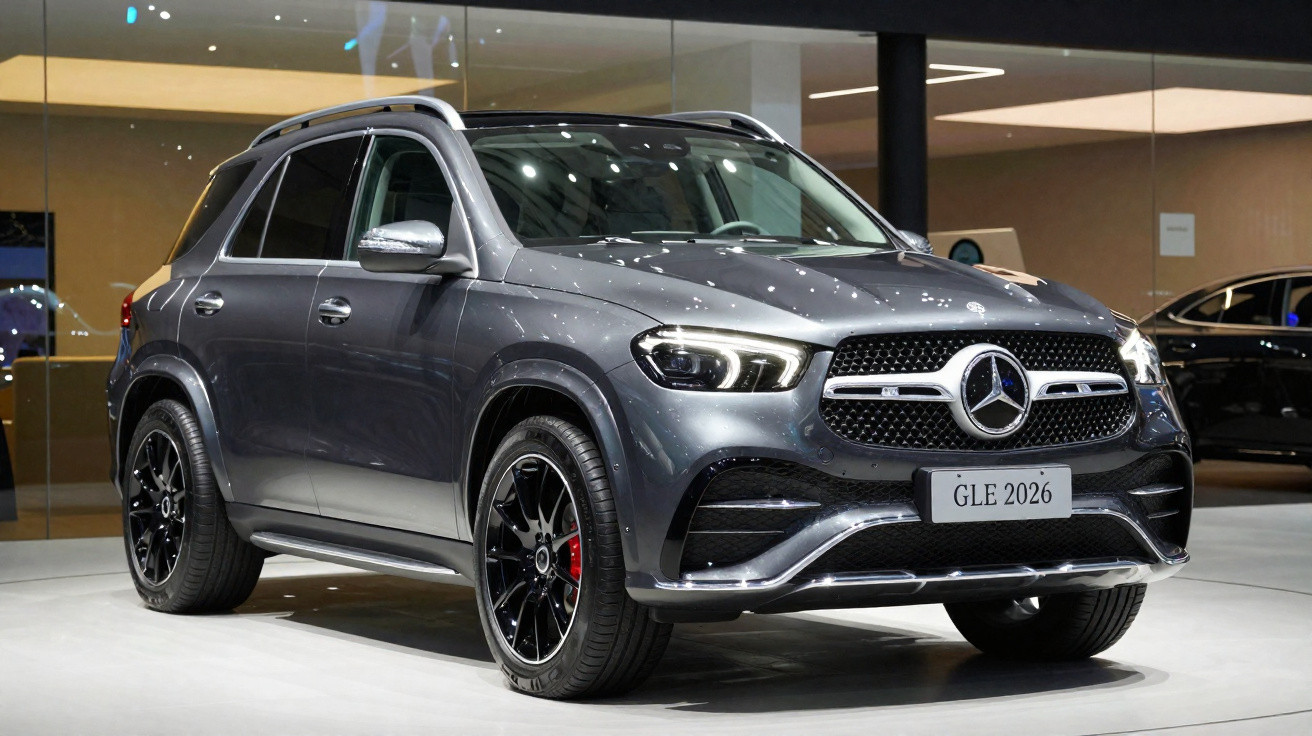 SUV Mercedes-Benz GLE 2026 cinza em exposição com rodas pretas e detalhes cromados.