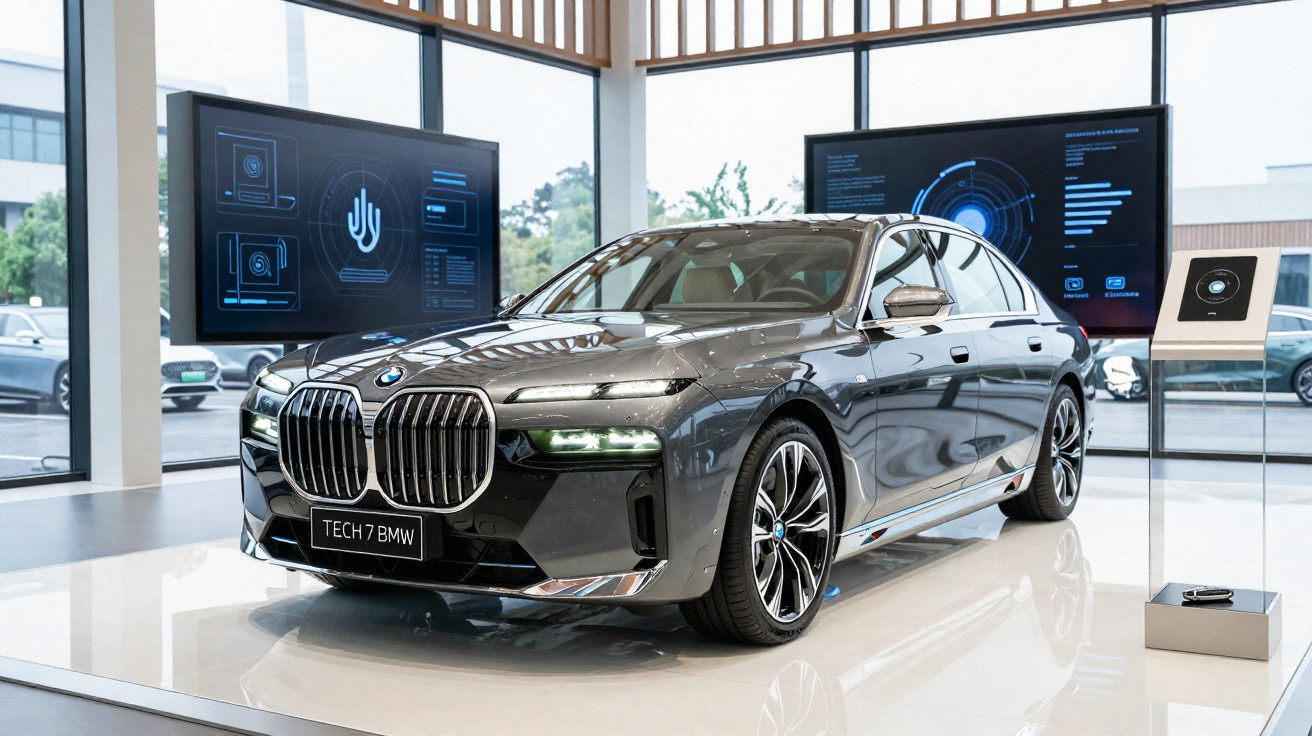 Carro BMW cinza modelo Tech 7 em exposição em showroom moderno com telas digitais ao fundo.