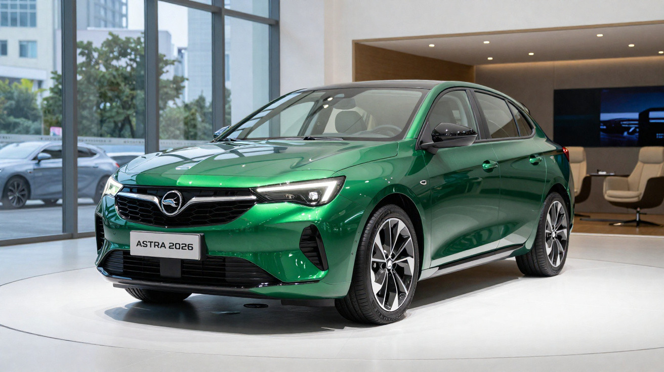 Carro verde modelo Astra 2026 exposto em ambiente interno moderno com grandes janelas de vidro.