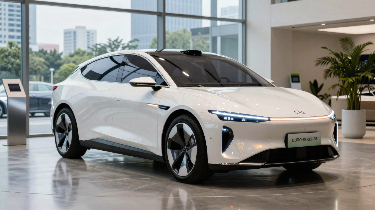 Carro elétrico branco moderno estacionado em showroom com janelas grandes e luz natural.