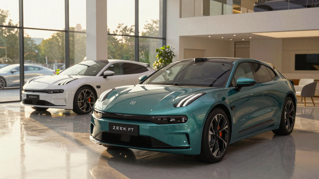 Dois carros elétricos Zeekr, um verde e um branco, exibidos em showroom moderno com piso brilhante.