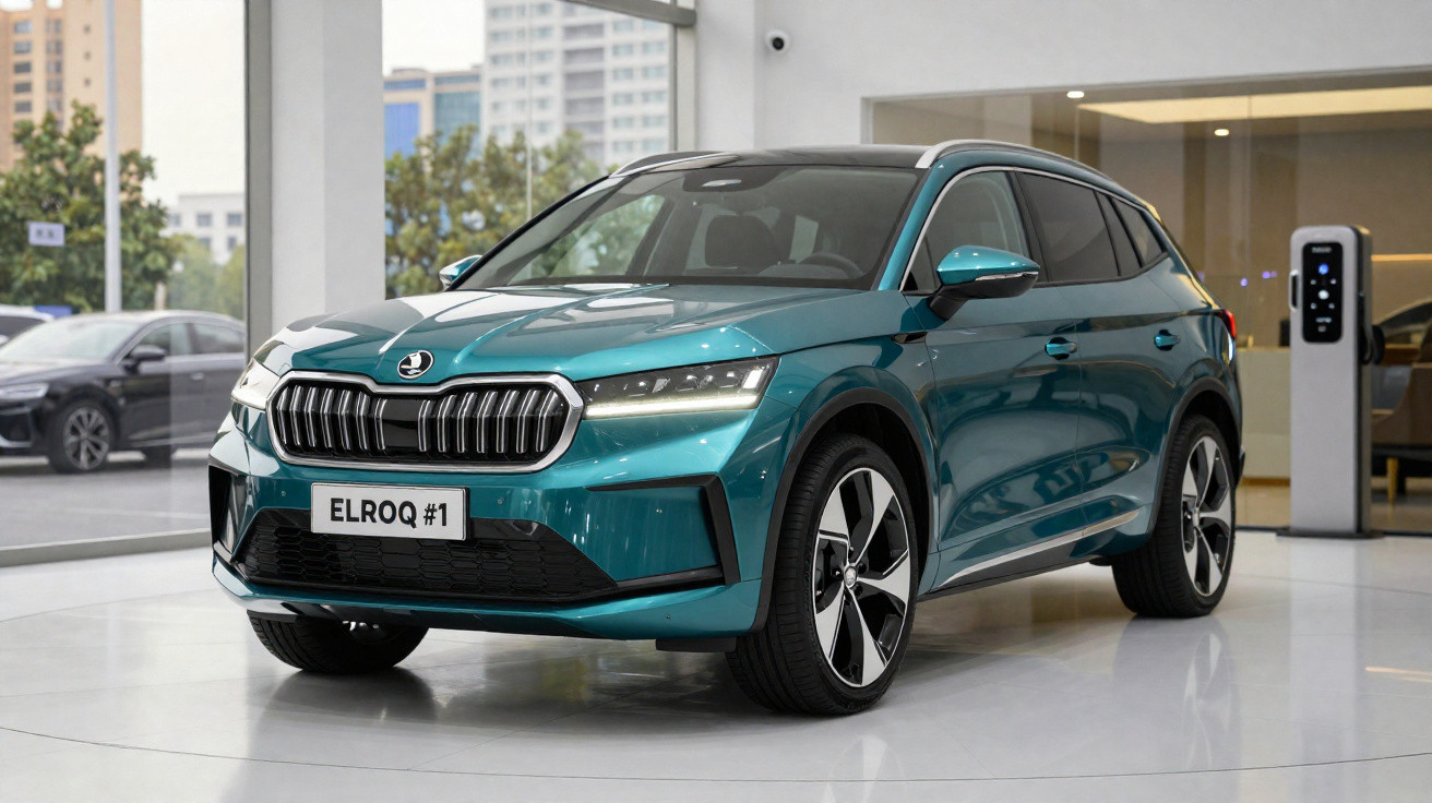 Carro SUV elétrico Skoda Elroq azul exibido em showroom moderno com pneus grandes e faróis acesos.