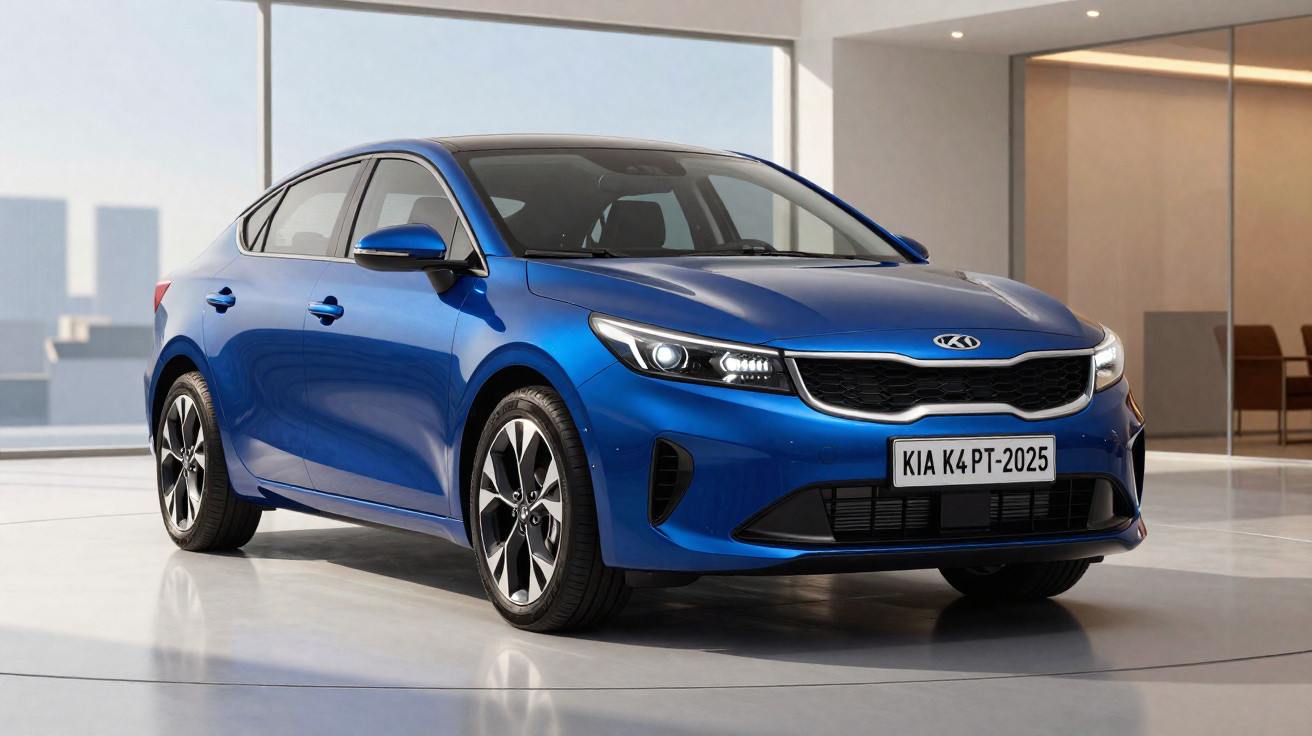 Carro sedã azul KIA K4 em ambiente interno moderno com piso e paredes claras.