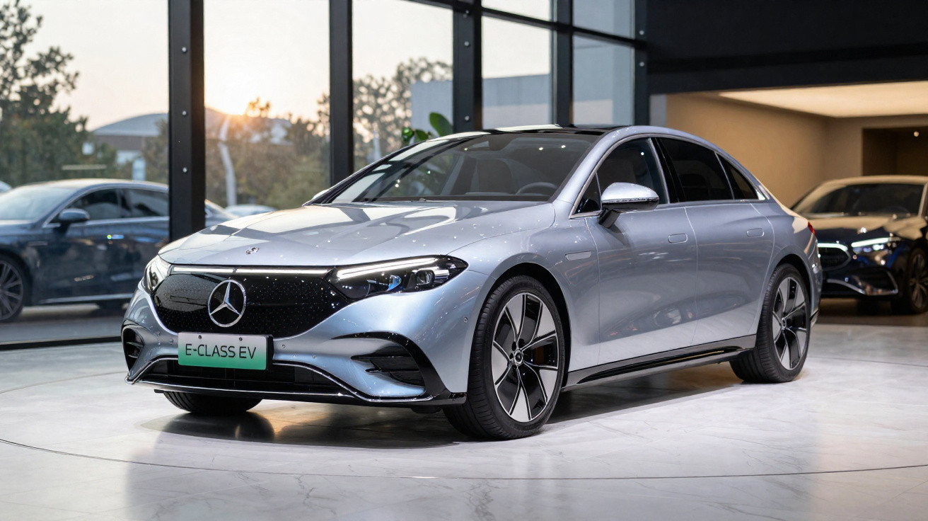 Carro elétrico prata Mercedes-Benz E-Class EV exibido em showroom moderno com janelas de vidro grandes.