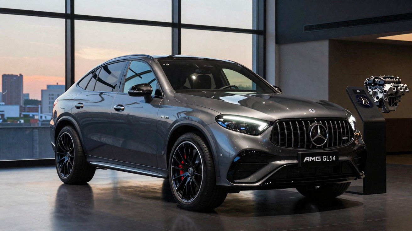 Carro Mercedes-Benz AMG GL 54 cinza em exposição dentro de showroom moderno com vidro ao fundo.