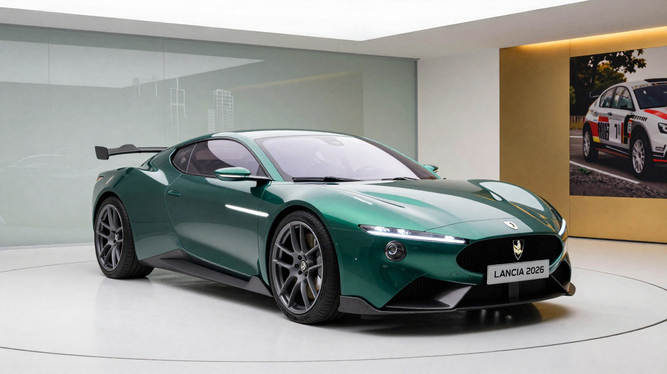 Carro esportivo Lancia 2026 verde metálico exposto em ambiente moderno de showroom.