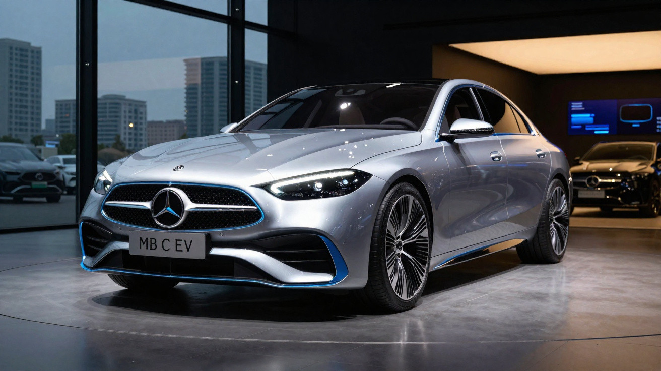 Carro prata Mercedes-Benz elétrico MB C EV em exposição dentro de showroom moderno.