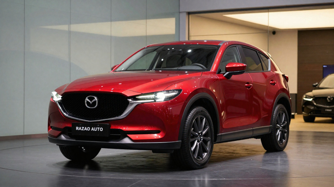 SUV vermelho da Mazda modelo CX-5 exibido em showroom com piso cinza.