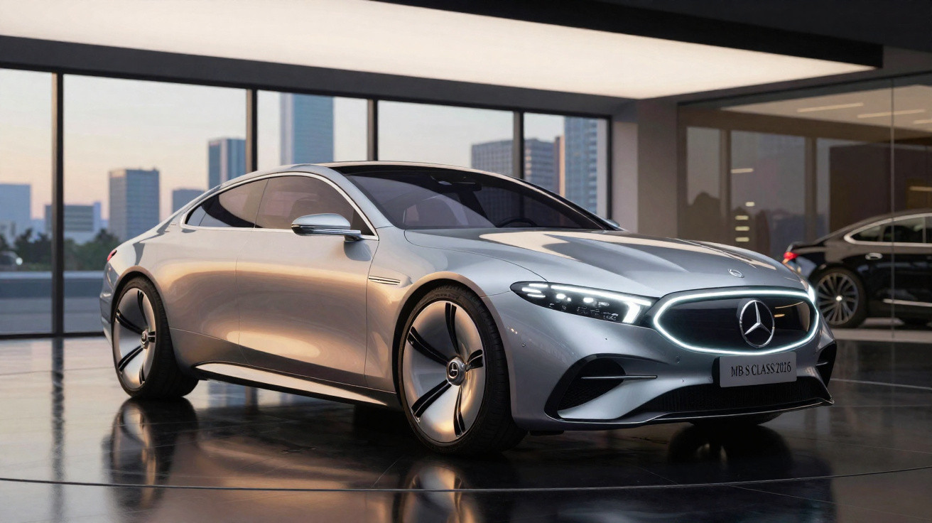 Carro Mercedes-Benz prata elétrico, modelo futurista, em showroom com janelas grandes e cidade ao fundo.