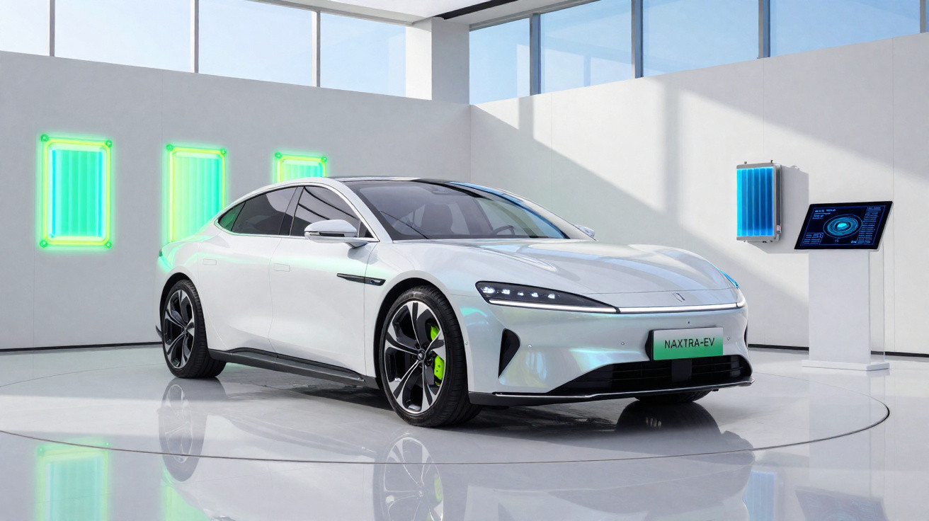 Carro elétrico branco moderno em exposição em ambiente minimalista e iluminado.