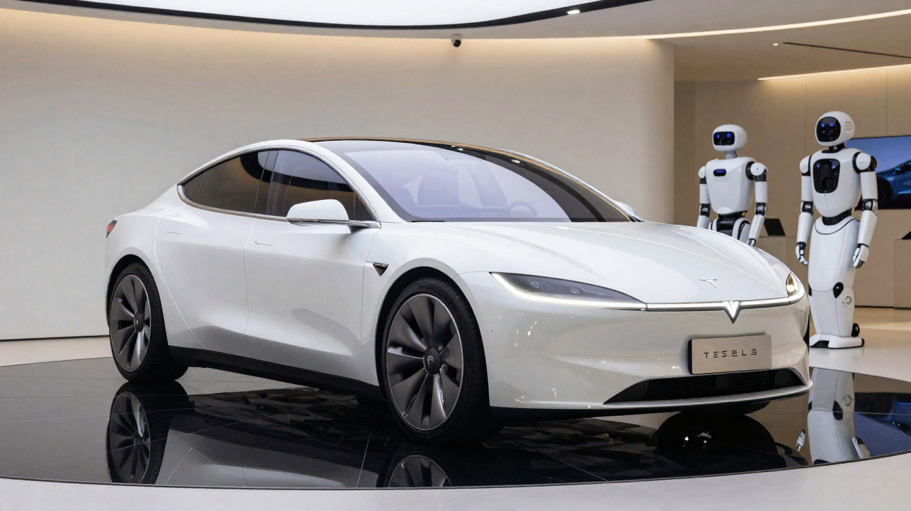 Carro elétrico branco Tesla em exposição com dois robôs humanóides ao fundo em ambiente moderno.