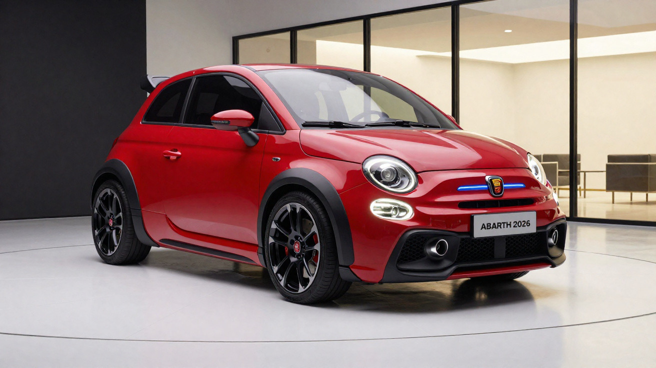 Carro esportivo compacto Abarth 2026 vermelho em ambiente interno moderno e minimalista.