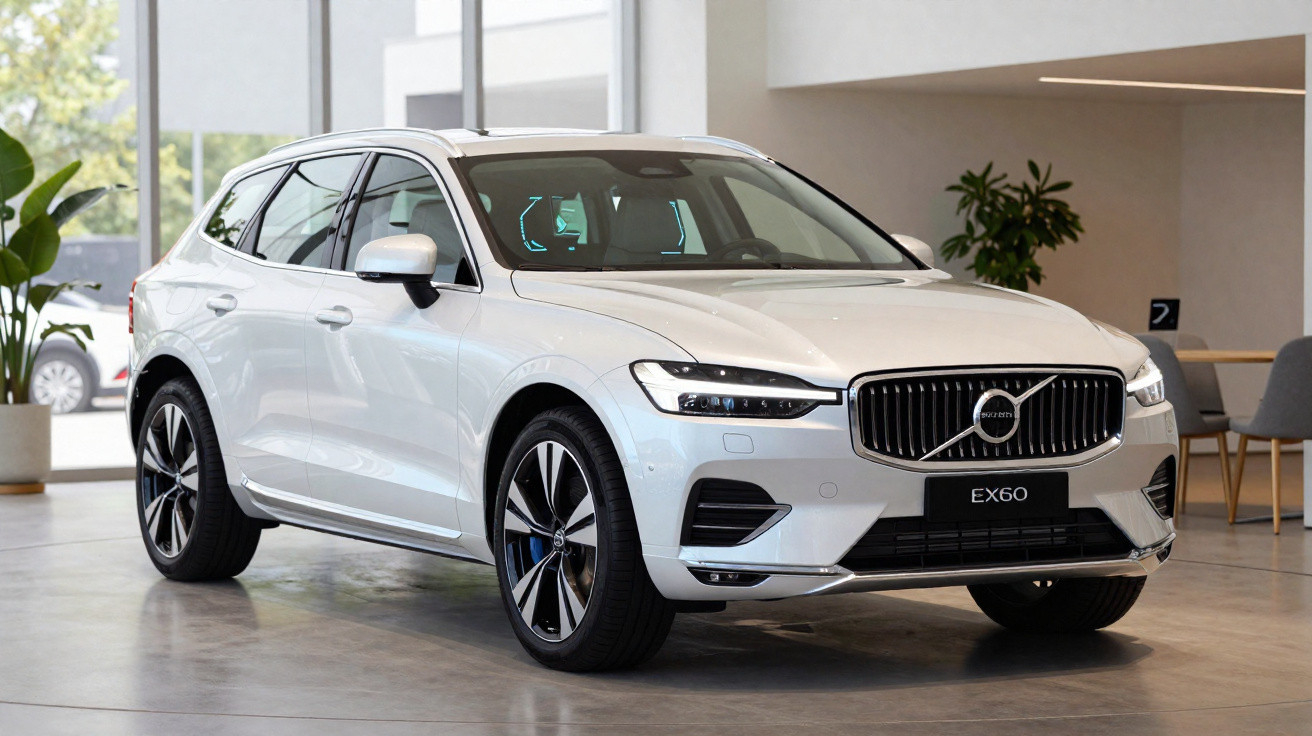 SUV Volvo EX60 branco em exposição interna com plantas ao fundo.