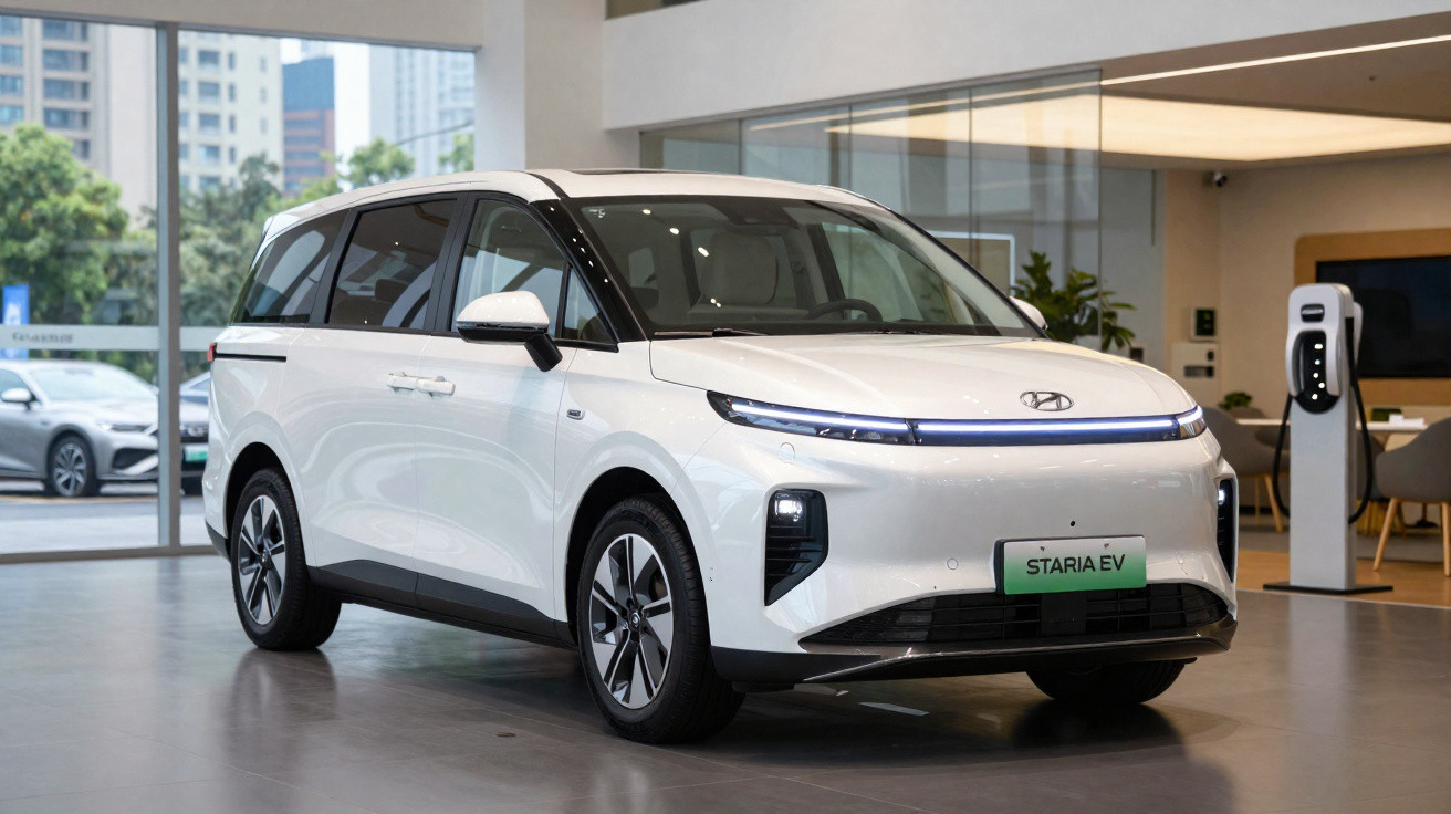 Carro elétrico branco Hyundai Staria EV estacionado em showroom moderno e iluminado.