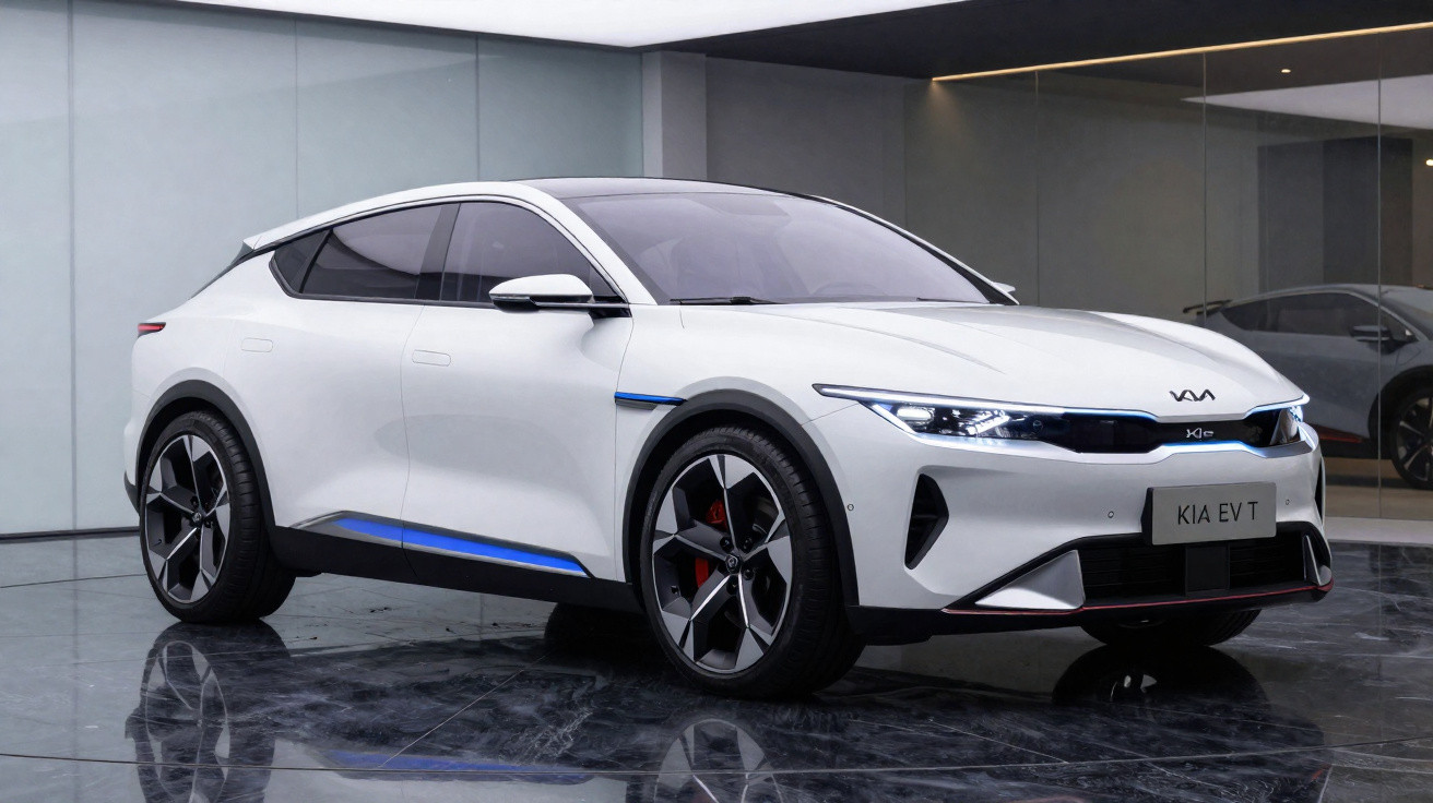 Carro elétrico SUV branco Kia EV6 em ambiente interno com piso refletivo e parede de vidro.
