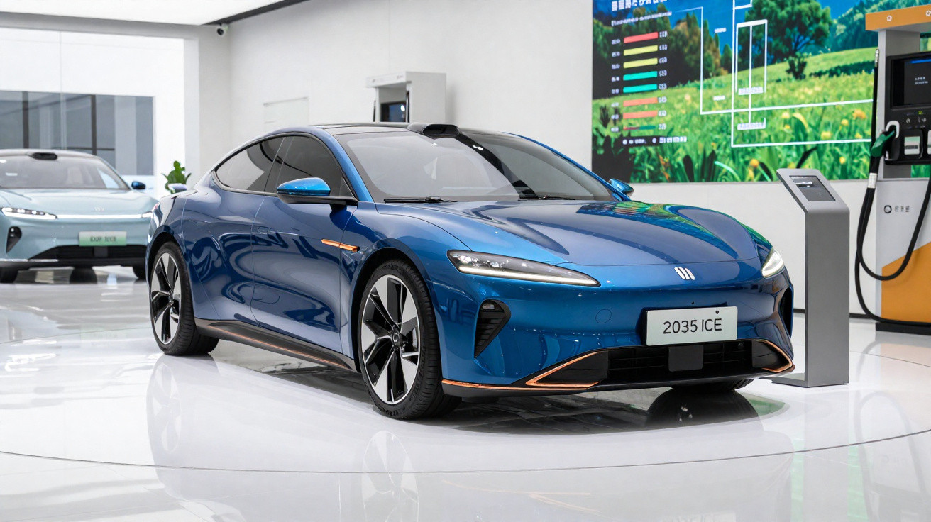 Carro elétrico azul exposto em showroom moderno com outro veículo e estação de recarga ao fundo.