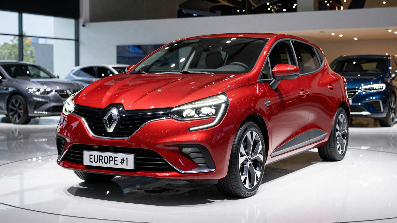 Carro hatch vermelho Renault em exposição, com placa personalizada "EUROPE #1".
