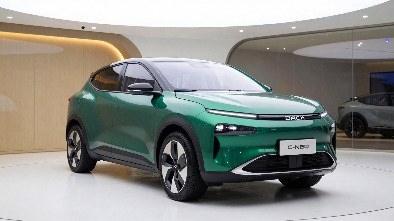 Carro elétrico verde Dacia C-Neo exposto em ambiente moderno com iluminação suave e fundo minimalista.