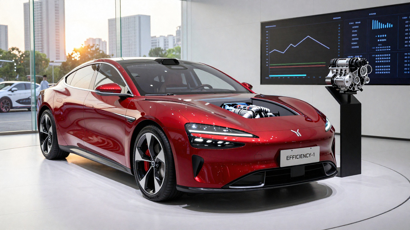 Carro esportivo vermelho exposto com motor visível e gráficos de desempenho em tela ao fundo.