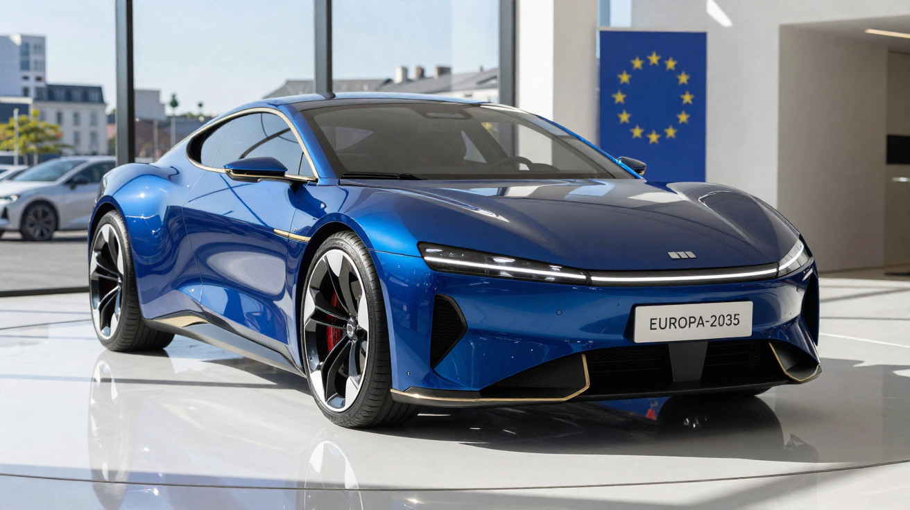 Carro esportivo azul elétrico futurista exibido em ambiente interno com placa "EUROPA-2035" e bandeira da União Europeia ao f
