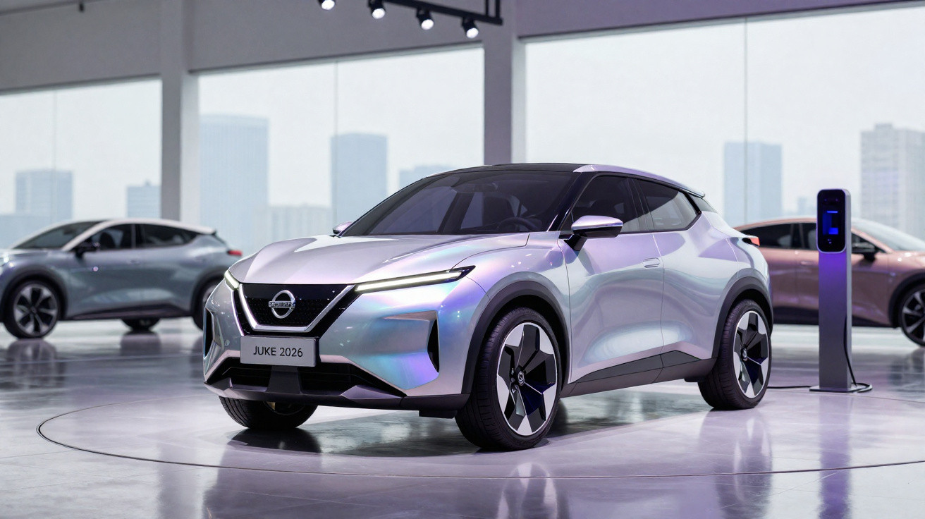 Carro elétrico Nissan Juke 2026 prateado exposto em showroom moderno com estações de carregamento.