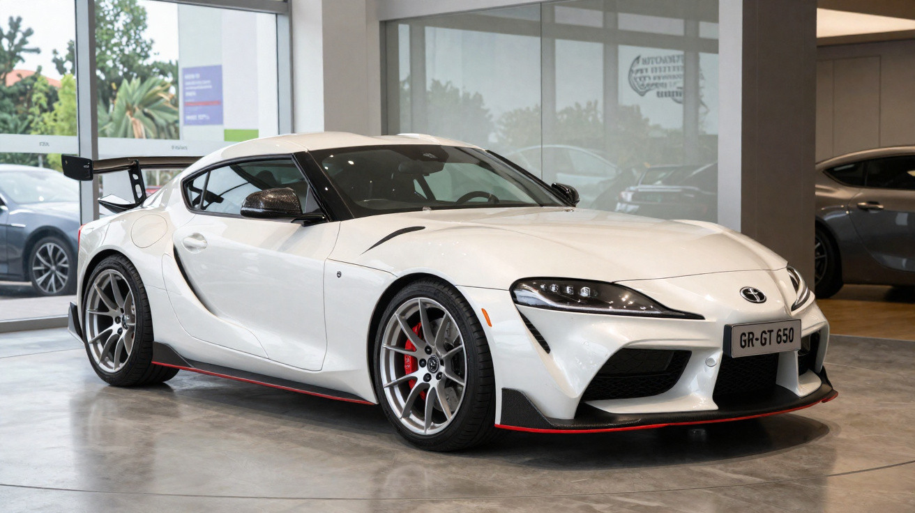 Carro esportivo branco Toyota Supra GR-GT 650 estacionado em showroom moderno.