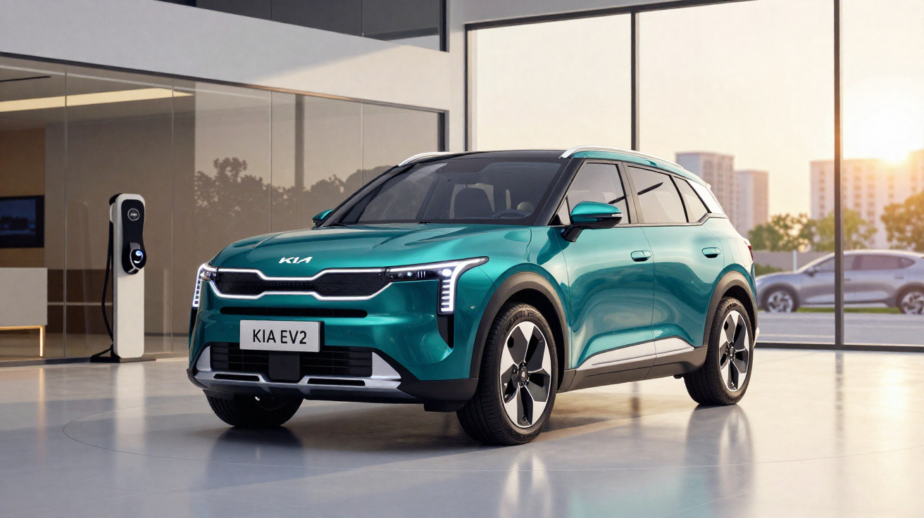 Carro SUV elétrico Kia EV2 verde em ambiente interno moderno com carregador ao fundo.