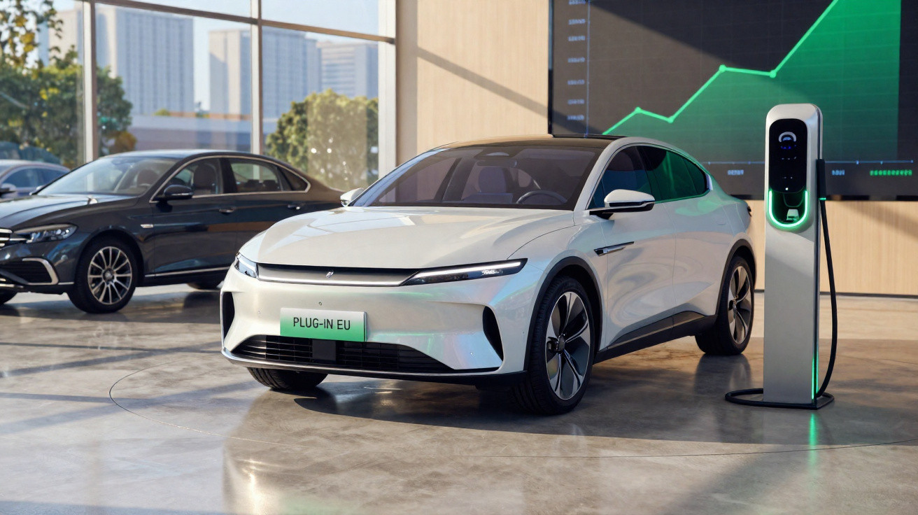 Carro elétrico branco plugado em estação de recarga em showroom moderno com gráfico verde ao fundo.