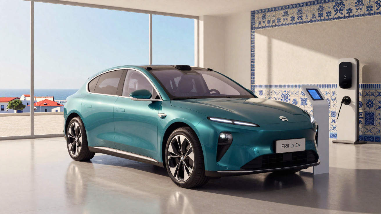 Carro elétrico verde estacionado em sala moderna com parede decorada e estação de recarga ao fundo.