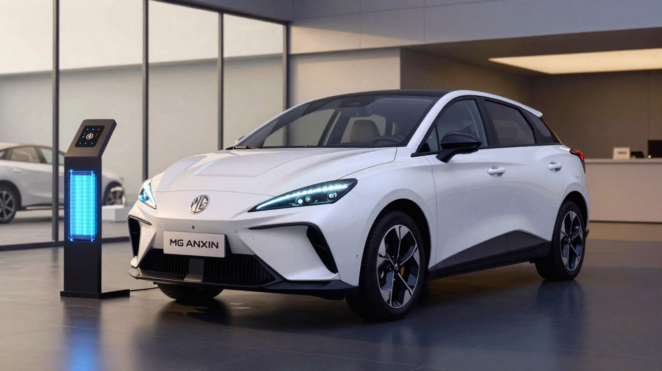 Carro elétrico branco MG ANXIN estacionado em ambiente interno futurista ao lado de uma estação de carregamento.
