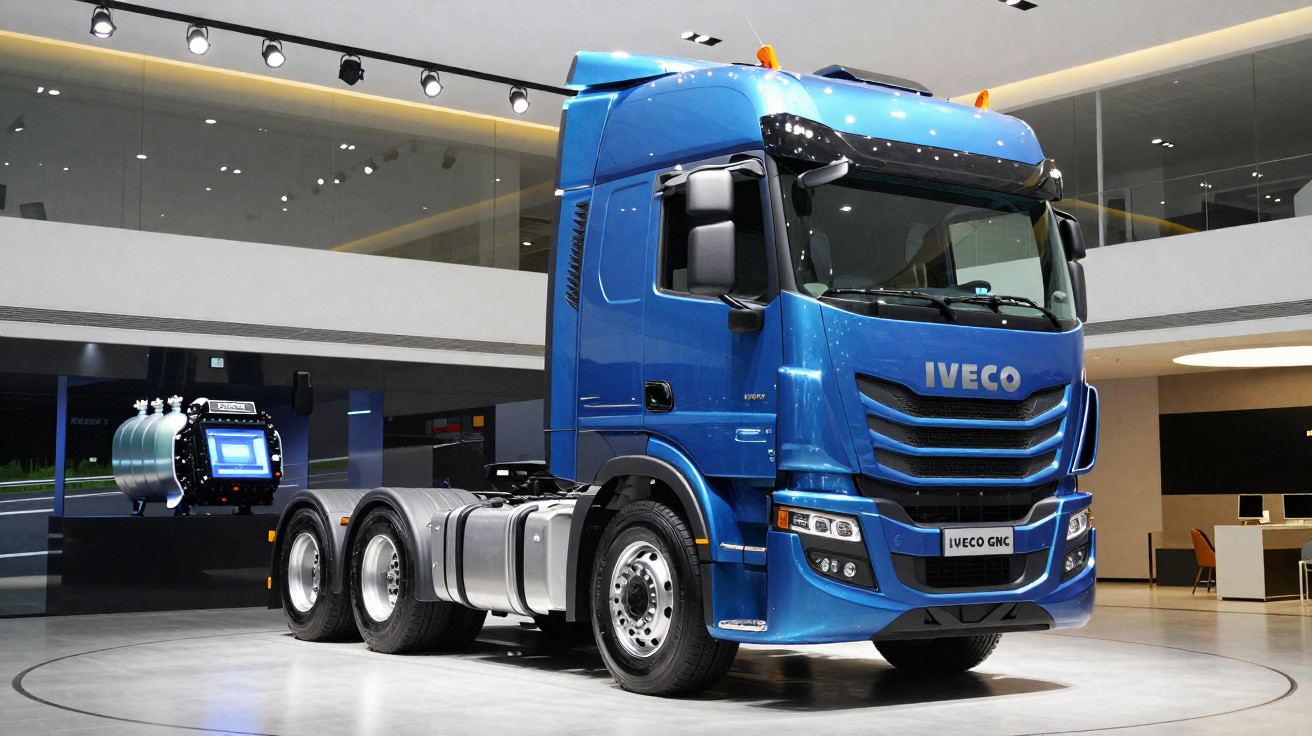 Caminhão azul Iveco GNC exposto em salão moderno com iluminação e acabamento sofisticado.