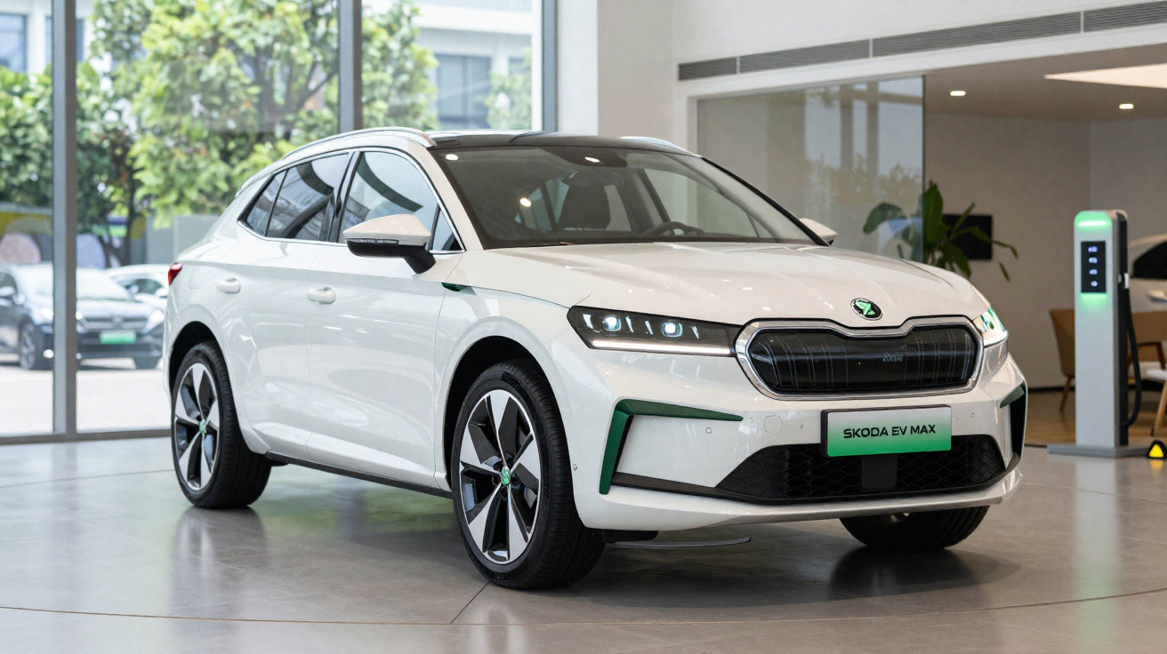 Carro elétrico branco Škoda EV Max estacionado em showroom moderno com piso de porcelanato.