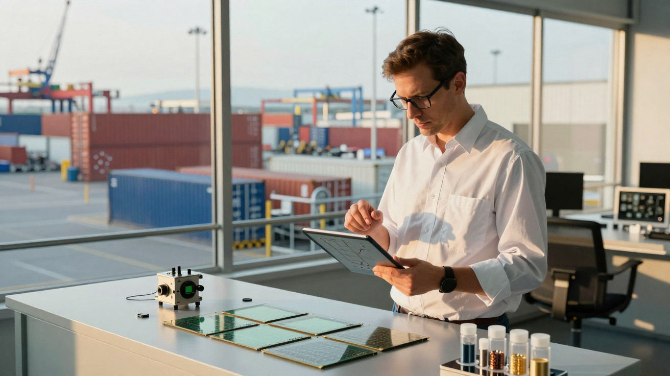 Homem analisando painel solar em laboratório com containers e porto ao fundo.