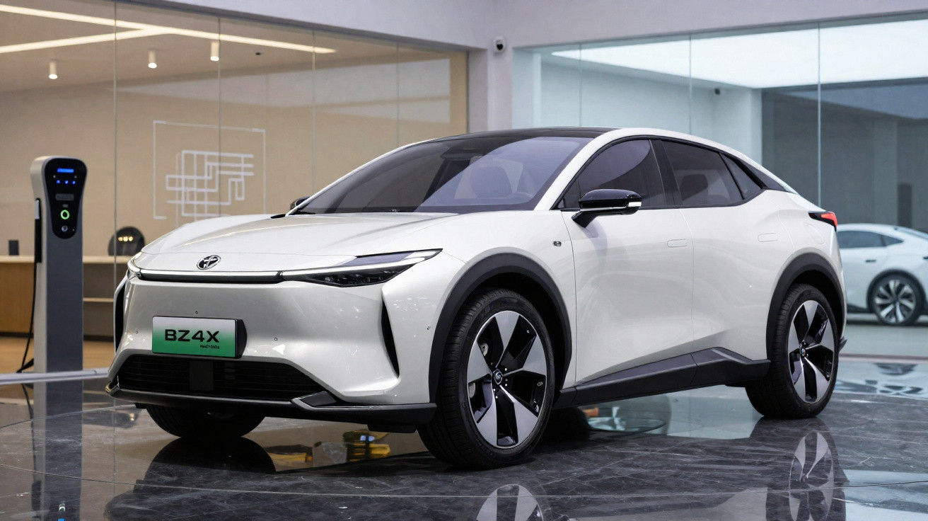 Carro elétrico branco Toyota bz4x estacionado em interior moderno com estação de carregamento.
