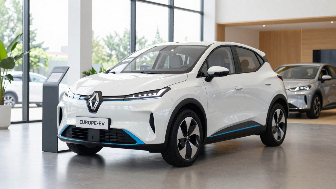 Carro elétrico branco Renault Europe-EV exposto em showroom moderno com grandes janelas.