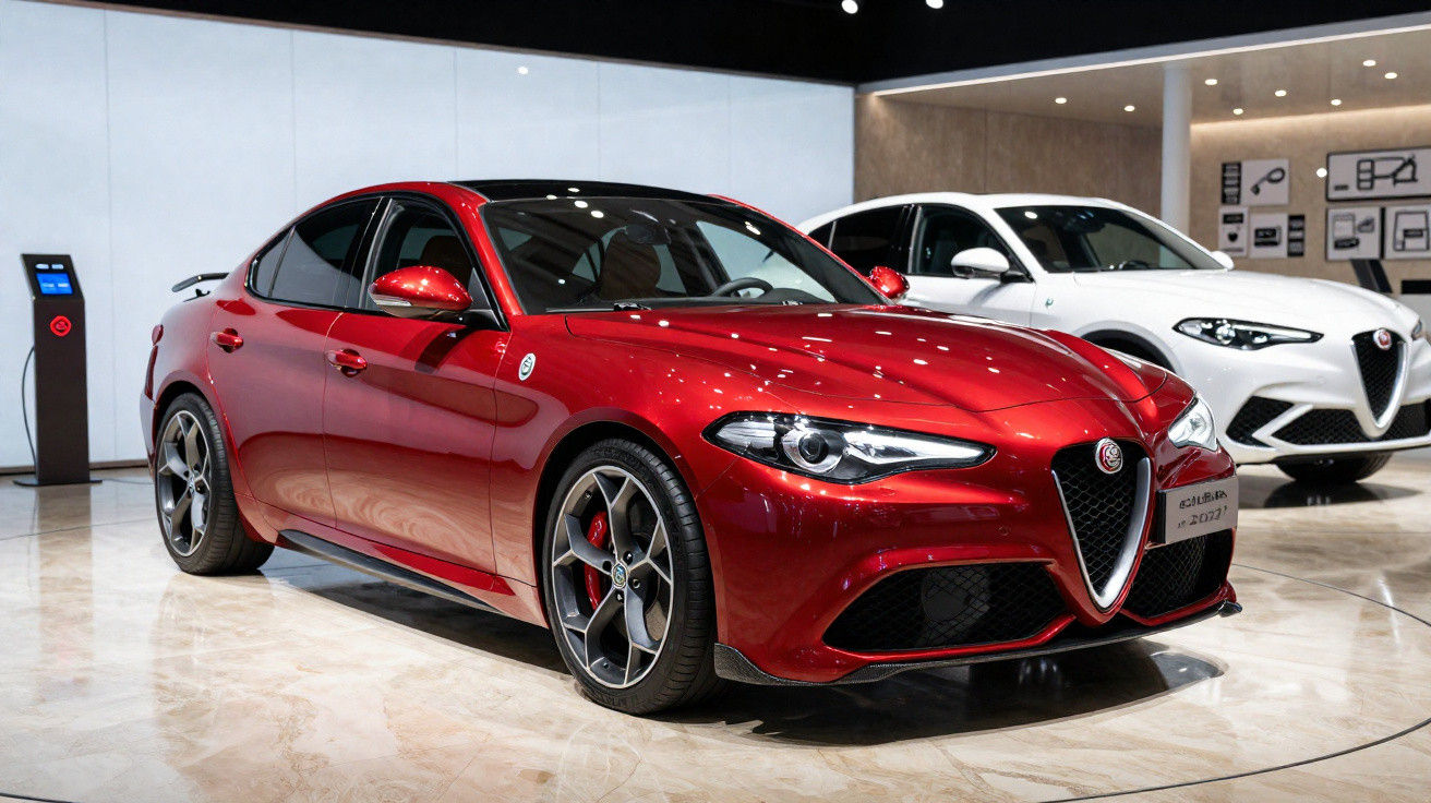Carro esportivo Alfa Romeo Giulia Quadrifoglio vermelho em exposição ao lado de outro branco.