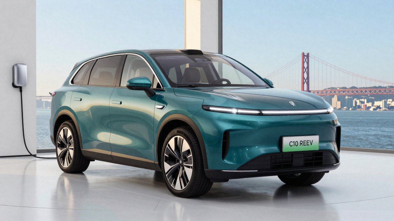 Carro elétrico SUV verde azul conectado a carregador, fundo com ponte e água, interior claro.