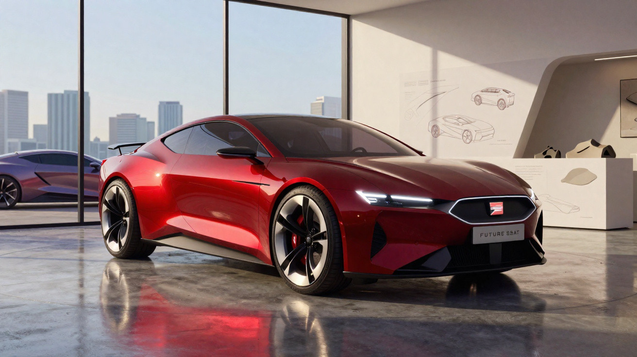 Carro esportivo vermelho brilhante estacionado em showroom moderno com janelas grandes e vista urbana.