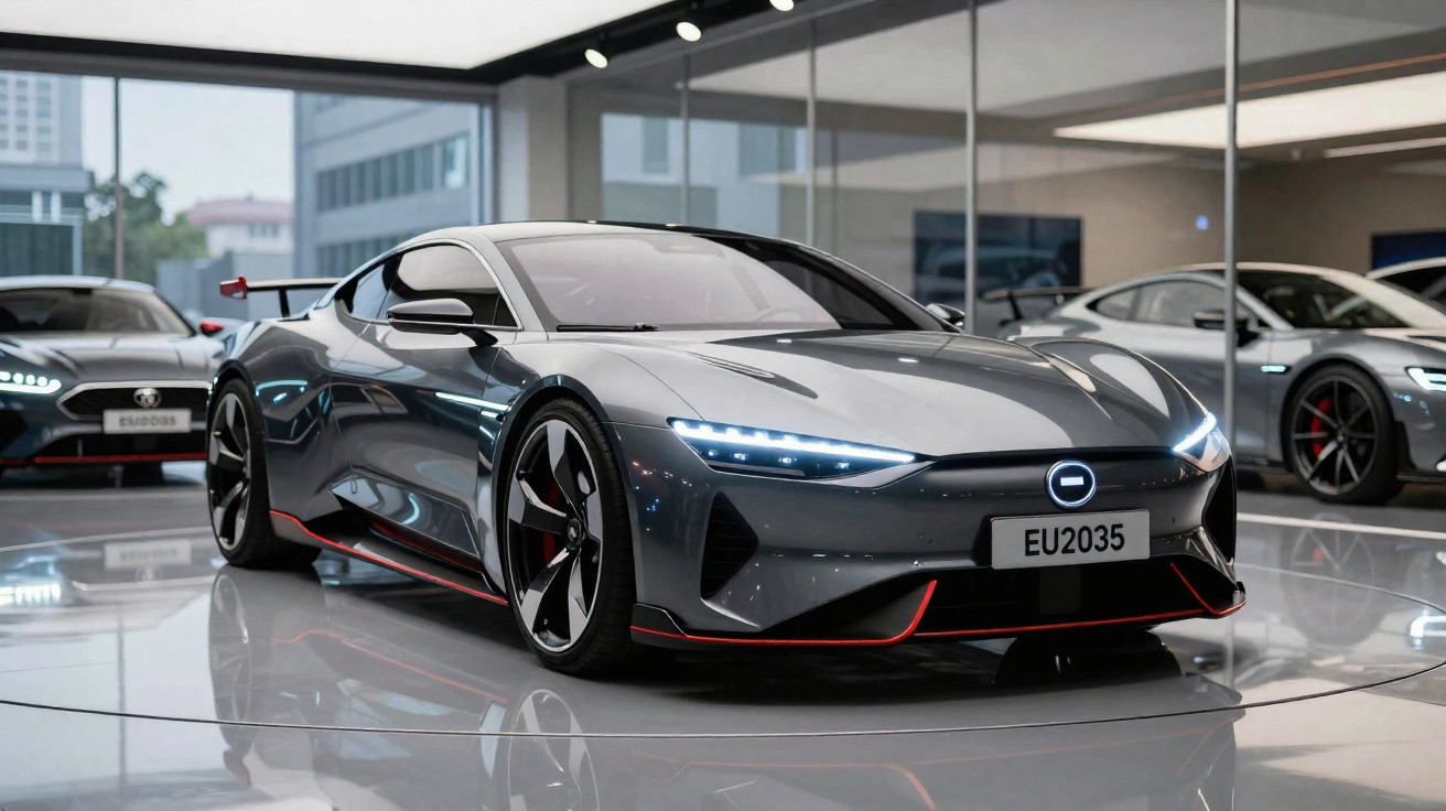 Carro esportivo elétrico cinza com detalhes em vermelho exibido em showroom moderno e iluminado.