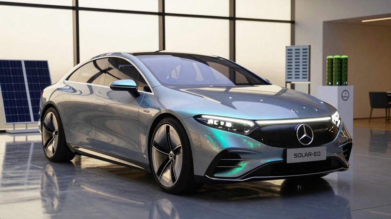 Carro elétrico Mercedes-Benz EQ prata exibido em showroom moderno com iluminação refletida no chão polido.